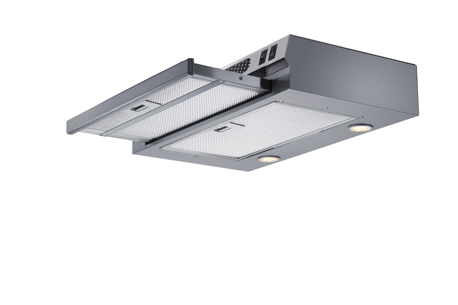 24 inch wide ADA compliant under cabinet retractable range hood for ductless use in stainless steel, made in the USA with separate wall switch for ADA applications